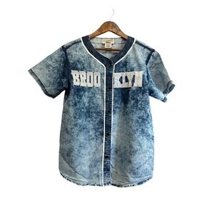 Thrill Brooklyn Denim‎ Baseball Jersey Acid Wash Shirt Women's Sz L 01